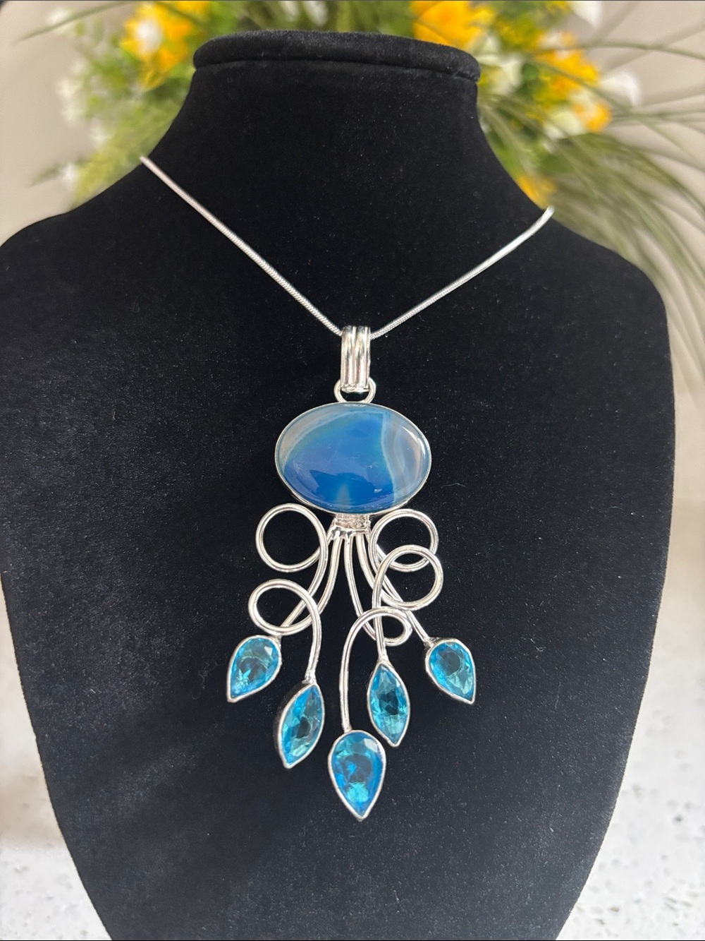 Sterling Botswana Agate & Blue Topaz Teardrop Gemstone Pendant Necklace